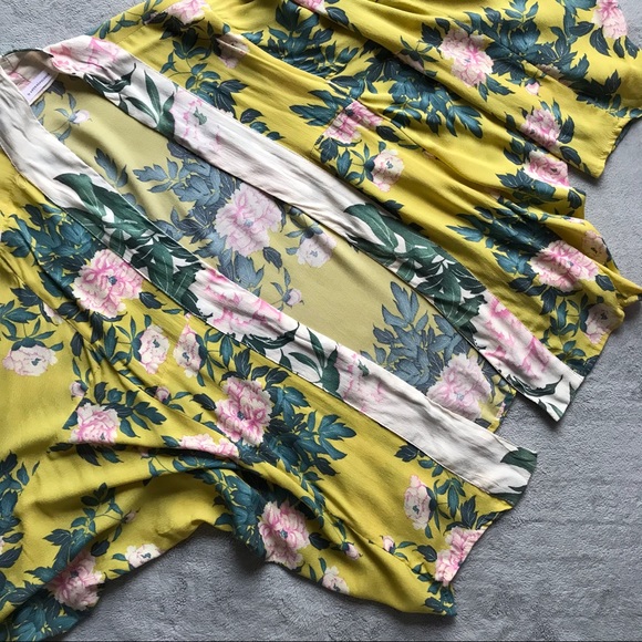Anthropologie Jackets & Blazers - Anthropologie By Anthro Elma Floral Rose Open Front Kimono Jacket Yellow Pink